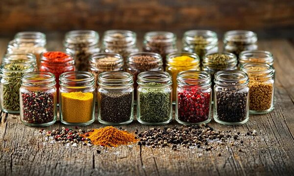 A colorful array of spices in jars arranged on a rustic wooden surface.