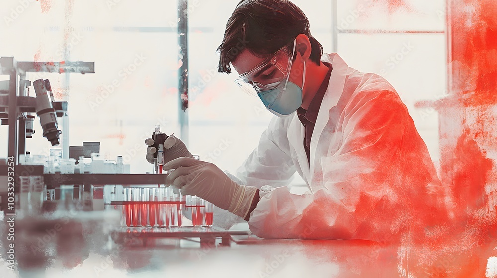 Poster scientist in a lab coat working with test tubes and a pipette.