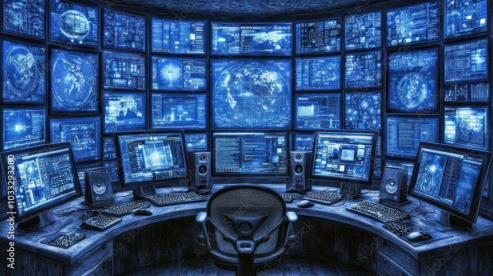 Poster A Computer Workstation with Multiple Monitors Displaying Data and World Maps