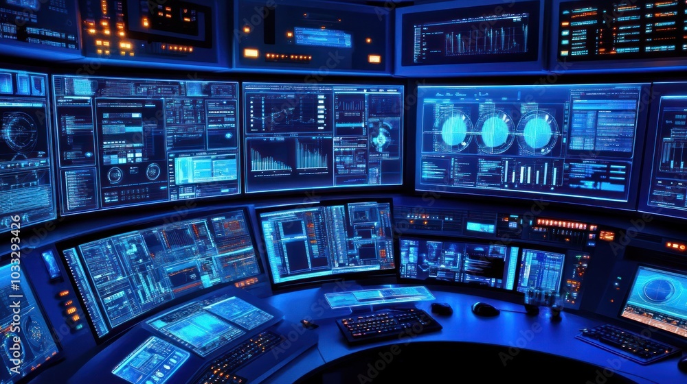 Poster Futuristic Control Room with Multiple Monitors Displaying Data and Information