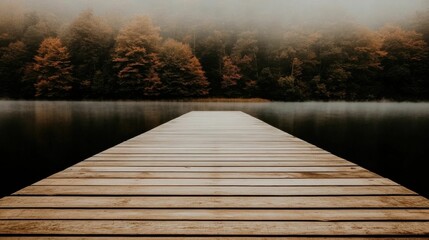 A wooden pier leading into a misty lake surrounded by autumn trees in the distance, creating a peaceful and quiet atmosphere.