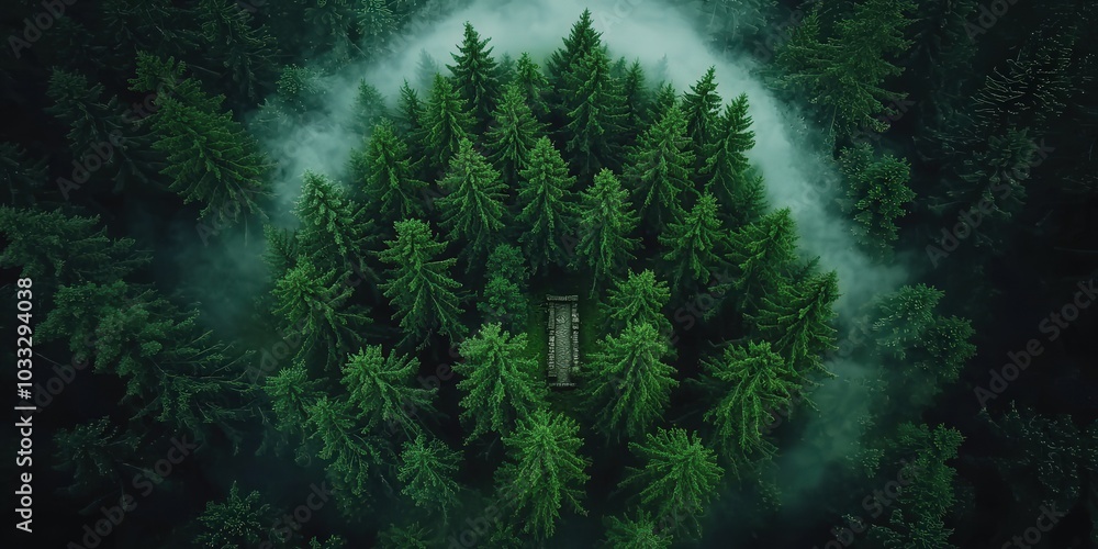 Poster aerial view of foggy forest with stone path and pine trees