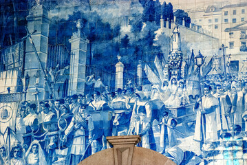 Artwork with azulejos tiles in Sao Bento Train station in Porto, Portugal
