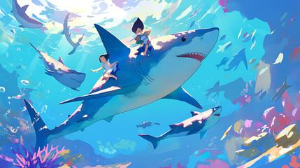 Obraz premium A playful underwater scene featuring a smiling shark swimming among vibrant coral reefs and various fish species