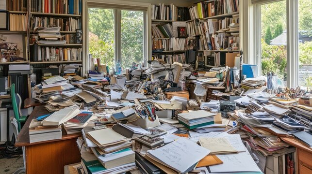 Overwhelmed Desk with Books and Papers