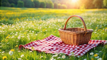 Picnic duvet and basket on meadow