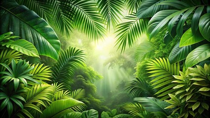 Blurred green tropical forest leaves background with shallow depth of field