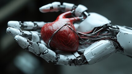 Robotic hand holding a human heart.
