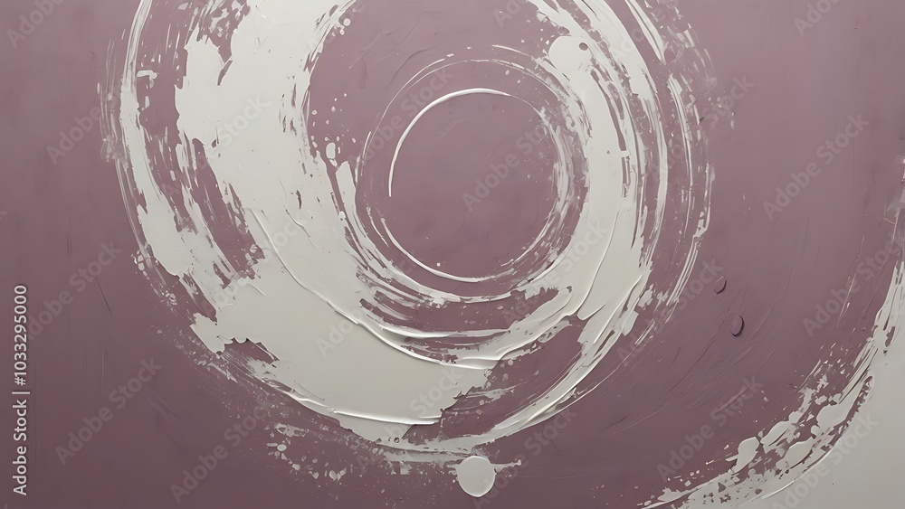 Poster abstract painting featuring a large, swirling circular pattern on a muted mauve background, consists