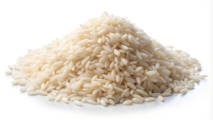 pile of uncooked rice grains on white background