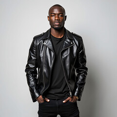 Obraz premium Confident Dark-Skinned Man in Black Leather Jacket