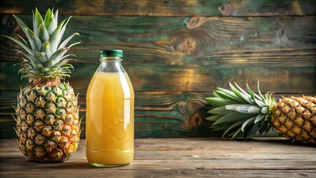 Pineapple kvass or tepache in a plastic bottle near the pineapple macro