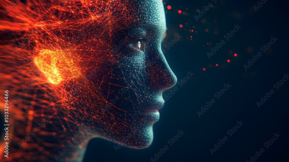 Poster abstract digital portrait of a person with red and blue network lines