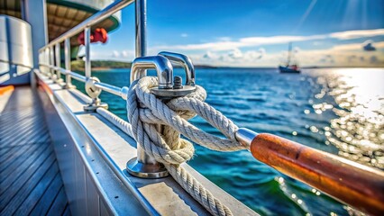 Photo of halyard belayed to metal cleat on tilted ferry boat deck