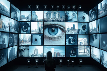 A woman is looking at a wall of monitors displaying many different images