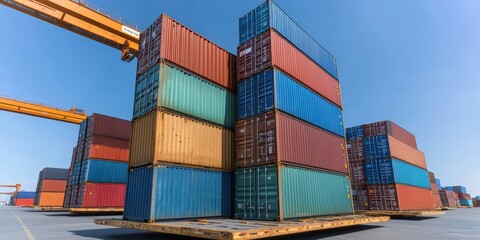 Fototapeta premium Shipping Containers Stacked High at Port Terminal
