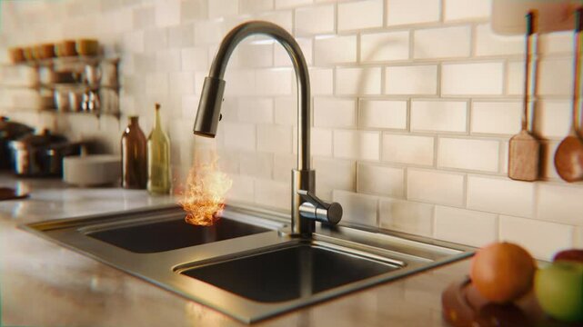 3D amination of a kitchen faucet opening and fire spewing out