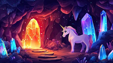 A White Unicorn Gazing at a Glowing Crystal Portal in a Cave