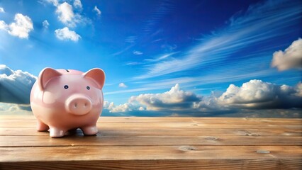 Fototapeta premium Piggy bank on a wooden table against a blue sky background, panoramic view