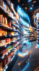 Supermarket Shelves with Futuristic Glowing Lights.