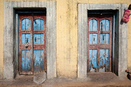 Colorful doors of an old house, located in Palasdev village, near Ujani Dam, Maharashtra, India
