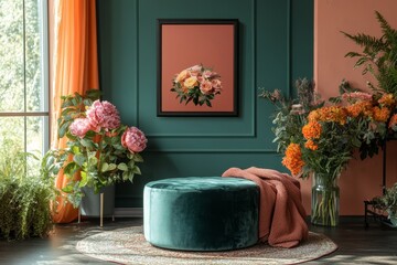Stylish living room with a round ottoman, fresh floral arrangements, and colorful decor, creating a lively yet cozy atmosphere. Home decor and mock up, Generative AI