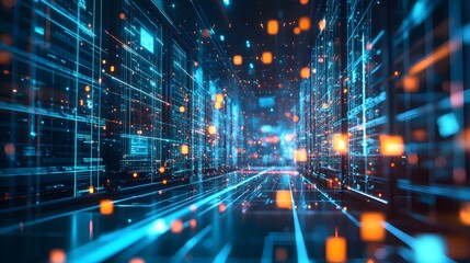 Futuristic Digital Cityscape with Glowing Blue and Orange Lines