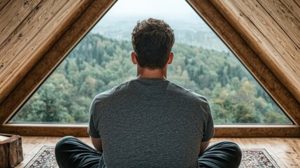 Man Contemplating Nature View From Attic Window