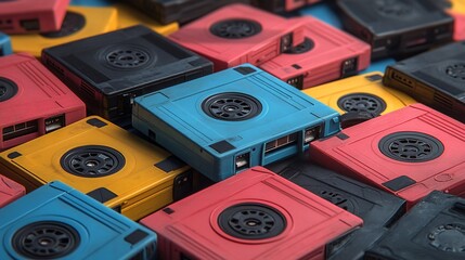 A colorful assortment of retro cassette tapes stacked together, showcasing nostalgia and music culture.