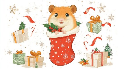 Cute Hamster in Christmas Stocking with Presents and Snowflakes