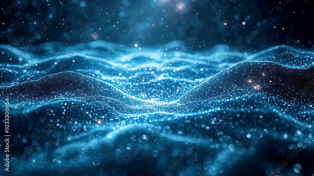 Poster abstract representation of waves and particles in a glowing, ethereal environment.