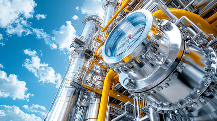 Fototapeta premium Close-up view of industrial machinery with shiny metal parts and bright blue sky.
