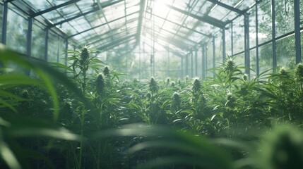 Cannabis plants growing in a greenhouse.