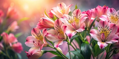 Pink alstroemeria flowers on moody floral background