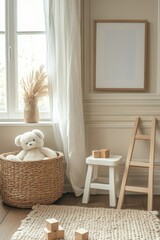 Interior design of kids room interior with wicker basket, plush animal toys, poster, wooden blockers, ladder, white stool, beige wall with stucco and personal accessories. Home decor, Generative AI