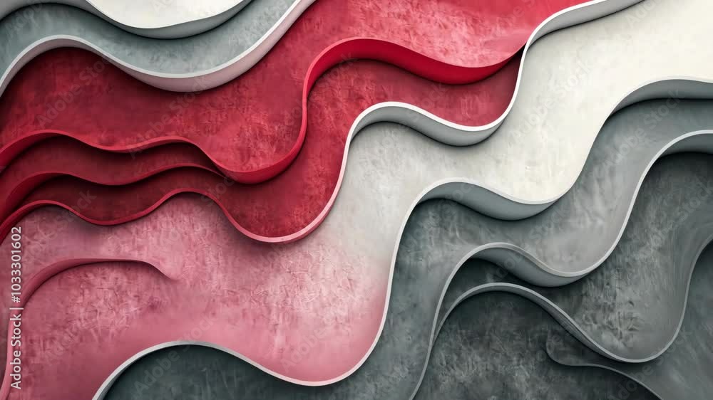 Poster abstract waves of red, white, and gray create a visually interesting and textured design