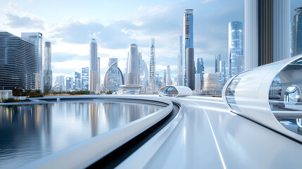 Naklejka premium Futuristic city skyline with advanced architecture and a serene waterway.
