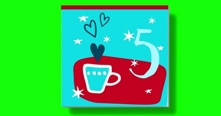 Christmas advent calendar on green screen. Tear-off calendar sheets with drawings cute colorful Christmas ornaments with number of day of december. Christmas 4K video graphic animation countdown