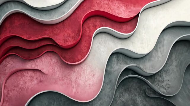 Abstract waves of red, white, and gray create a visually interesting and textured design
