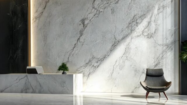 A modern lobby with a white marble wall and a comfortable chair in the sunlight