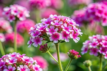 Pink and white garden verbena plant with small flowers blooming in the summer garden