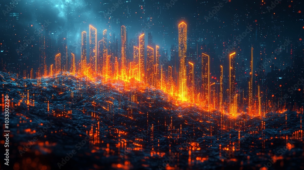 Poster a mesmerizing abstract cityscape shines brightly with elements resembling blockchain technology, cre
