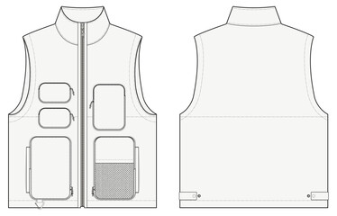Utility Vest Hiking Jacket Design Vector CAD Template fashion illustration front and back views