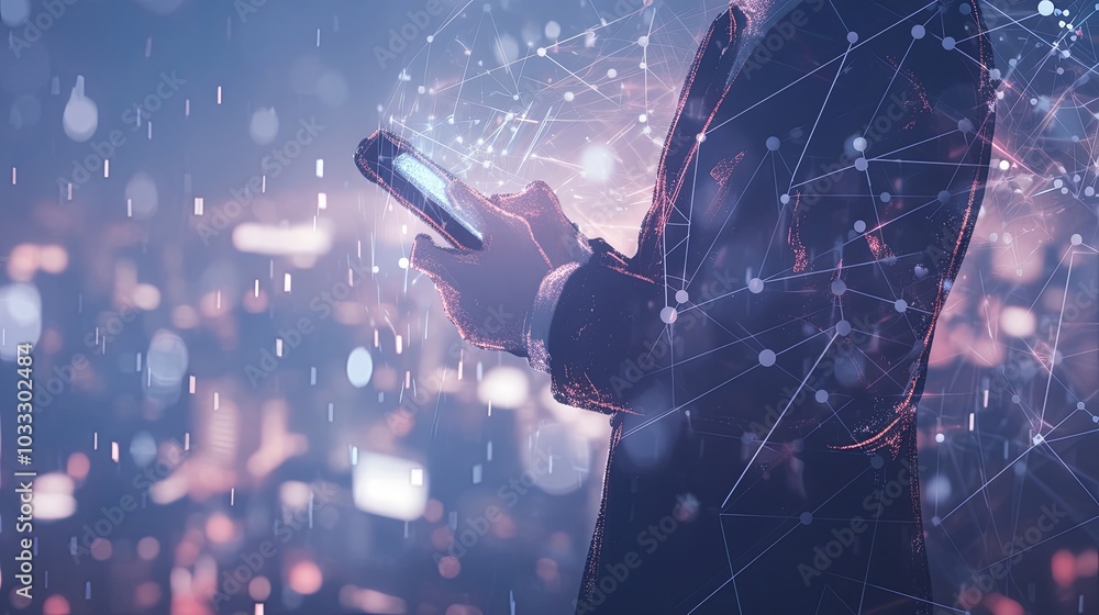 Poster a silhouette of a person holding a smartphone immersed in a digital network, characterized by abstra