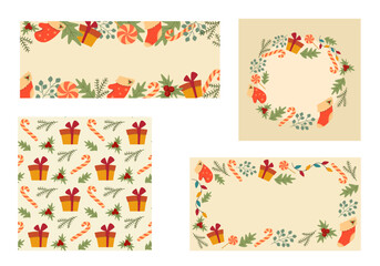 Set of Christmas templates for congrats or invitation. Seamless texture and roung frame and horizontal borders. Winter holiday decoration elements. Gift and sweets and traditional stockings collection