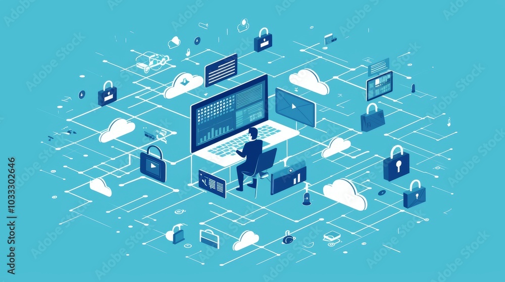 Poster a digital art piece featuring a networked system with various devices and security icons, highlighti