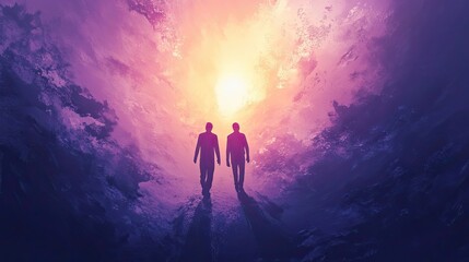 Fototapeta premium Two Silhouettes Walking Towards a Bright Light in a Purple and Pink Swirling Sky