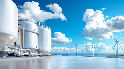 Obraz premium Industrial scene with storage tanks and wind turbines against a clear blue sky, symbolizing renewable energy and innovation.