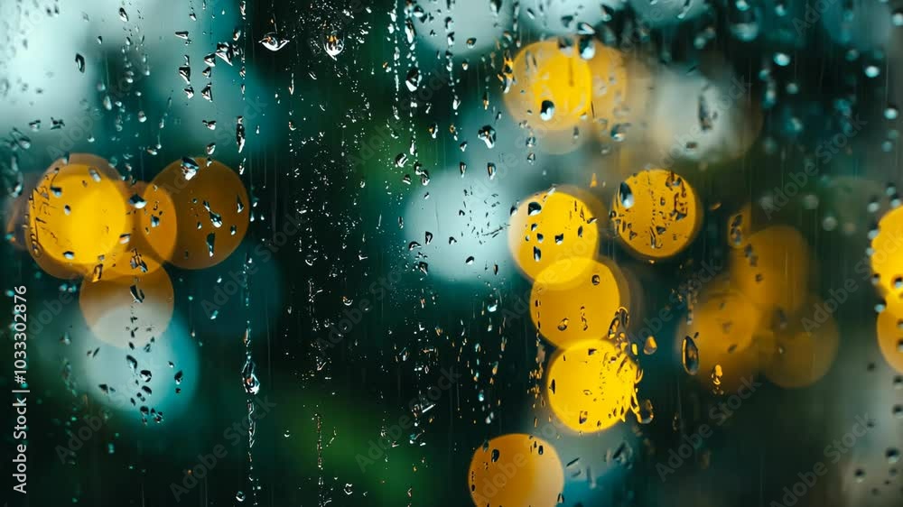 Poster raindrops on a window pane create a mesmerizing effect as they distort the city lights