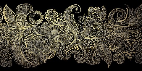 Gold paisley pattern on black background.